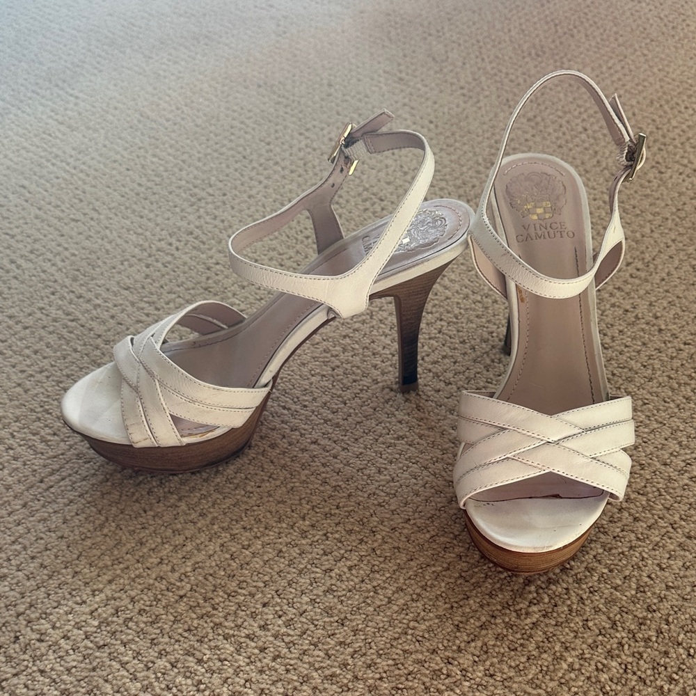 Vince Camuto White Leather Platform Slingback Heels